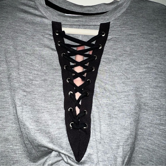 ANDREA Gray Lace-Up casual Dress pink emu grommets new net short sleeve - Picture 4 of 9